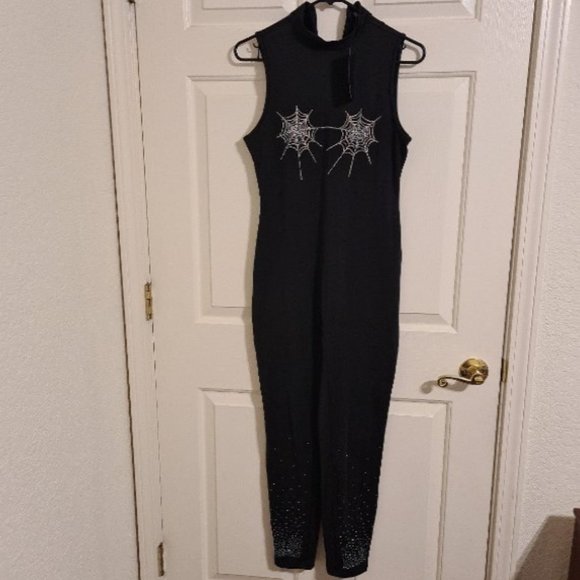 Rhinestone Spiderweb Pattern Mock Neck Jumpsuit | Women's L | Brand New w/Tags - Picture 5 of 6